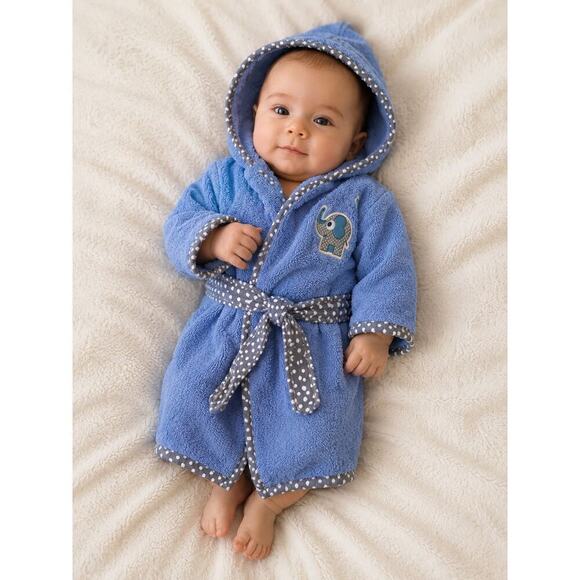 Unbranded Other - Baby Bathrobe 0-3 Months Blue Hooded Turkish Cotton Robe Elephant Embroidery